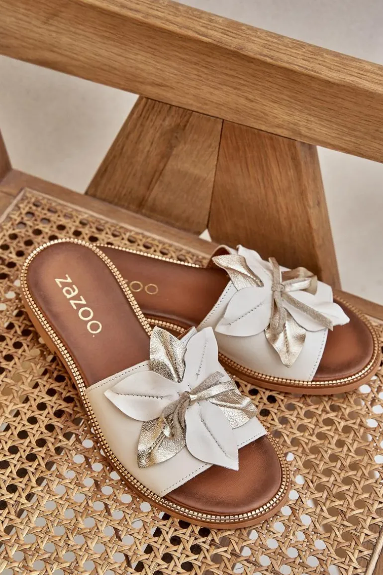 Klapki Z Ozdobą Skóra Naturalna Zazoo 3667 Białe