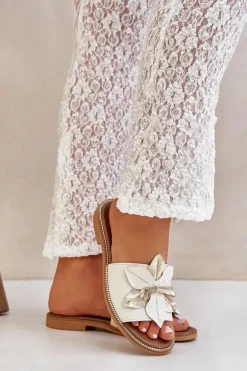 Klapki Z Ozdobą Skóra Naturalna Zazoo 3667 Białe