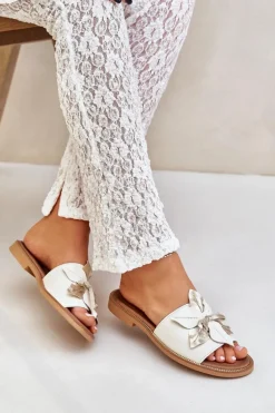 Klapki Z Ozdobą Skóra Naturalna Zazoo 3667 Białe