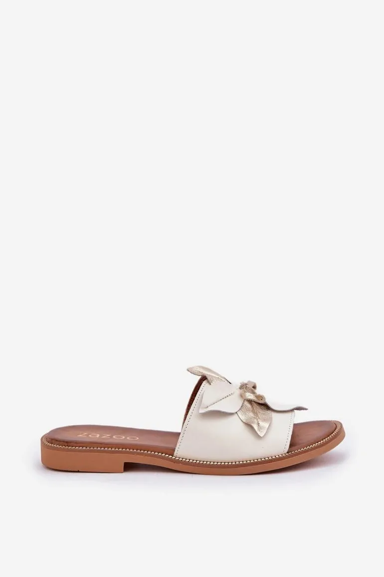 Klapki Z Ozdobą Skóra Naturalna Zazoo 3667 Białe