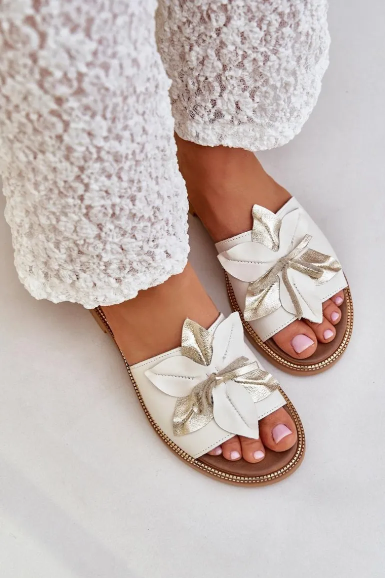 Klapki Z Ozdobą Skóra Naturalna Zazoo 3667 Białe