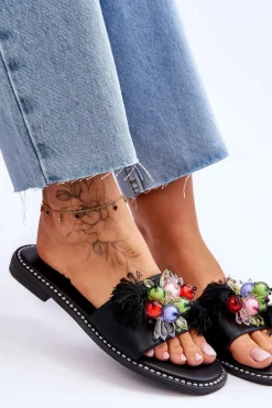 Klapki Z Ozdobnymi Koralikami S.Barski KV-2775-47 Czarne