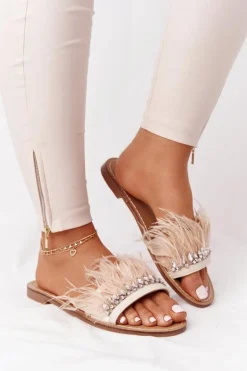 Klapki Z Piórami Lu Boo Beżowe