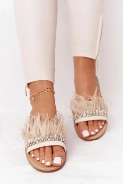 Klapki Z Piórami Lu Boo Beżowe