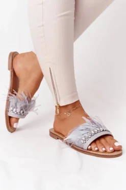 Klapki Z Piórami Lu Boo Szare