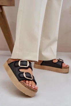 Klapki Z Plecionką I Klamrami Na Masywnej Platformie Czarne Aralissea