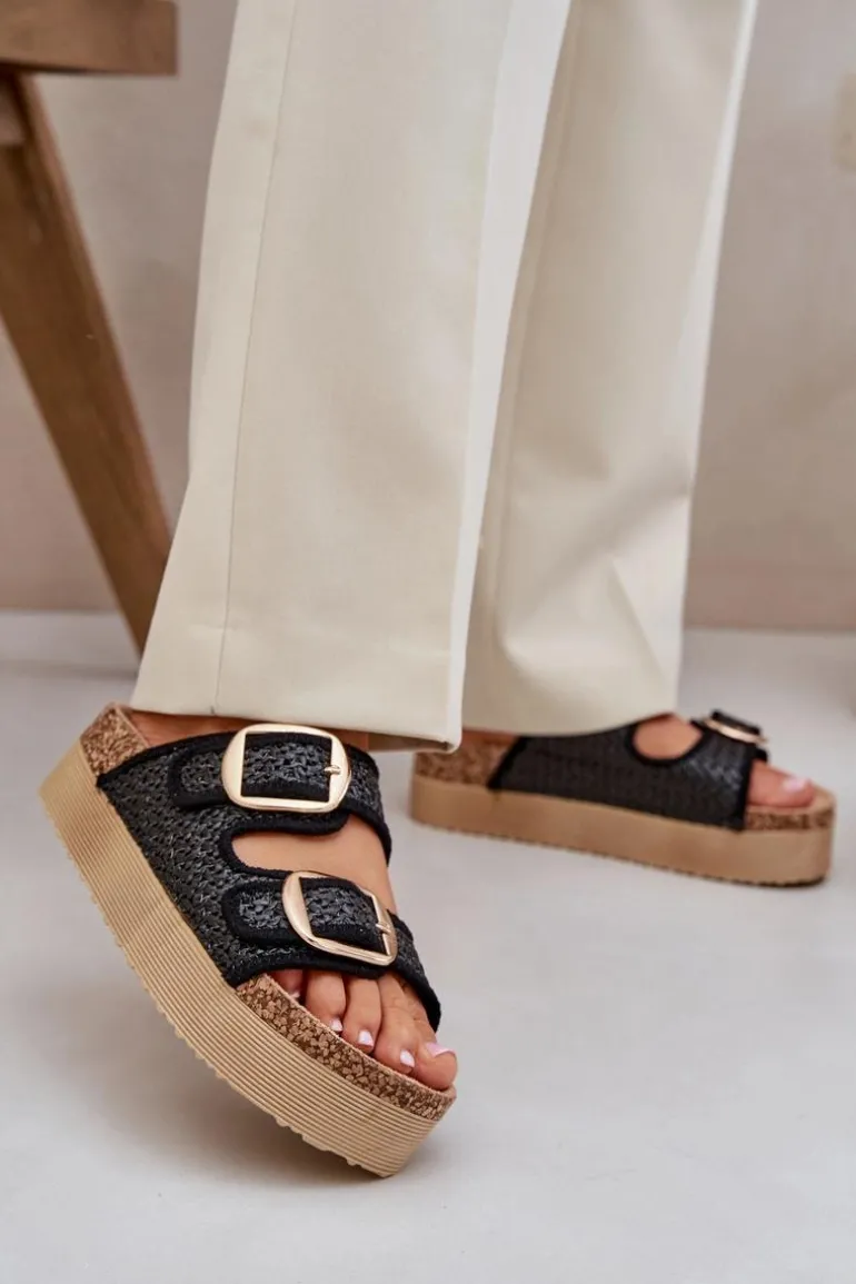 Klapki Z Plecionką I Klamrami Na Masywnej Platformie Czarne Aralissea