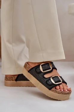 Klapki Z Plecionką I Klamrami Na Masywnej Platformie Czarne Aralissea
