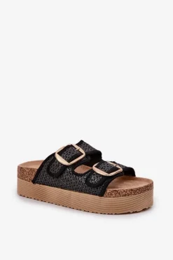 Klapki Z Plecionką I Klamrami Na Masywnej Platformie Czarne Aralissea