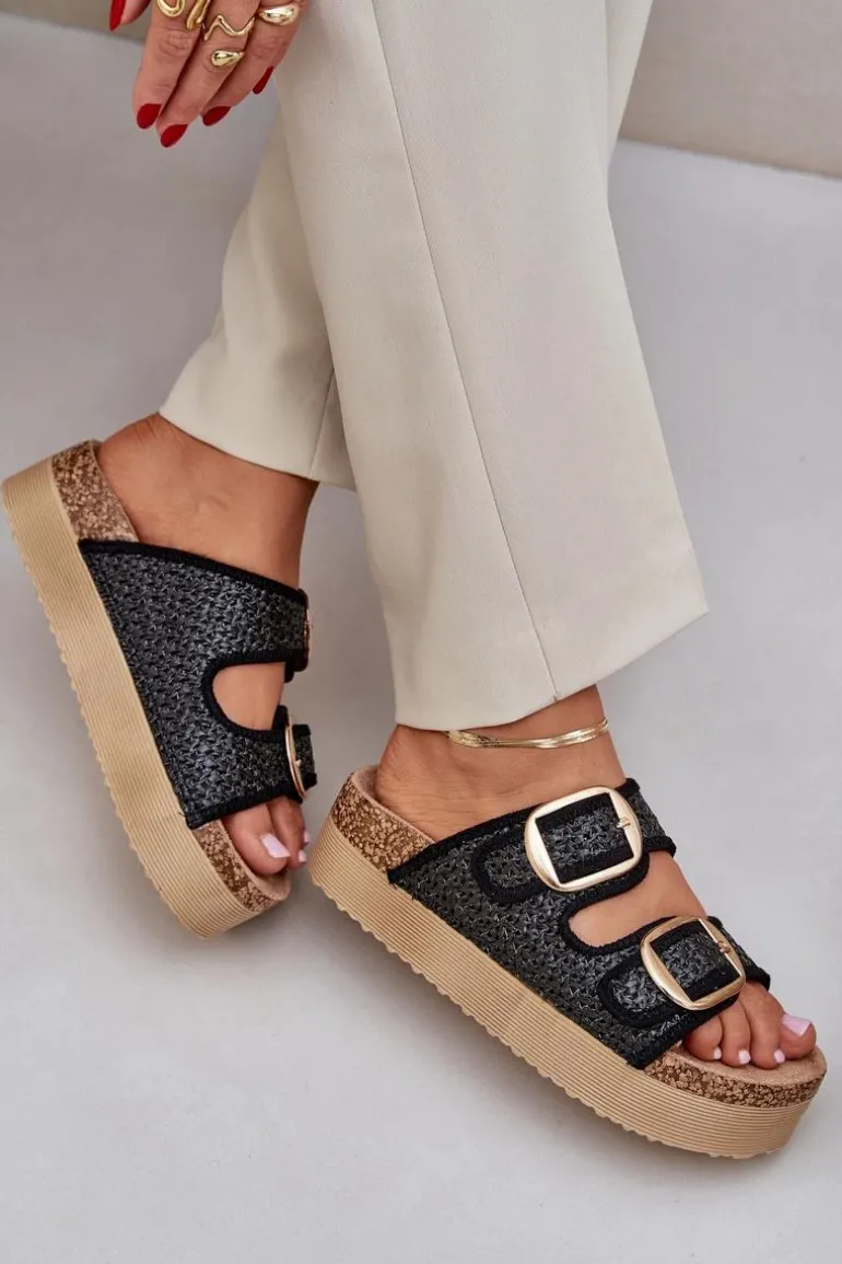 Klapki Z Plecionką I Klamrami Na Masywnej Platformie Czarne Aralissea