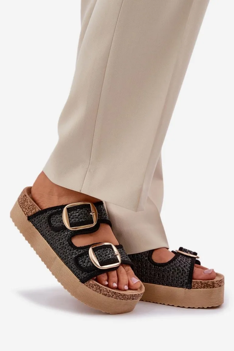 Klapki Z Plecionką I Klamrami Na Masywnej Platformie Czarne Aralissea