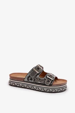 Klapki Ze Zdobieniem I Klamrami Na Platformie Czarne Mellene