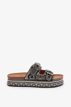 Klapki Ze Zdobieniem I Klamrami Na Platformie Czarne Mellene