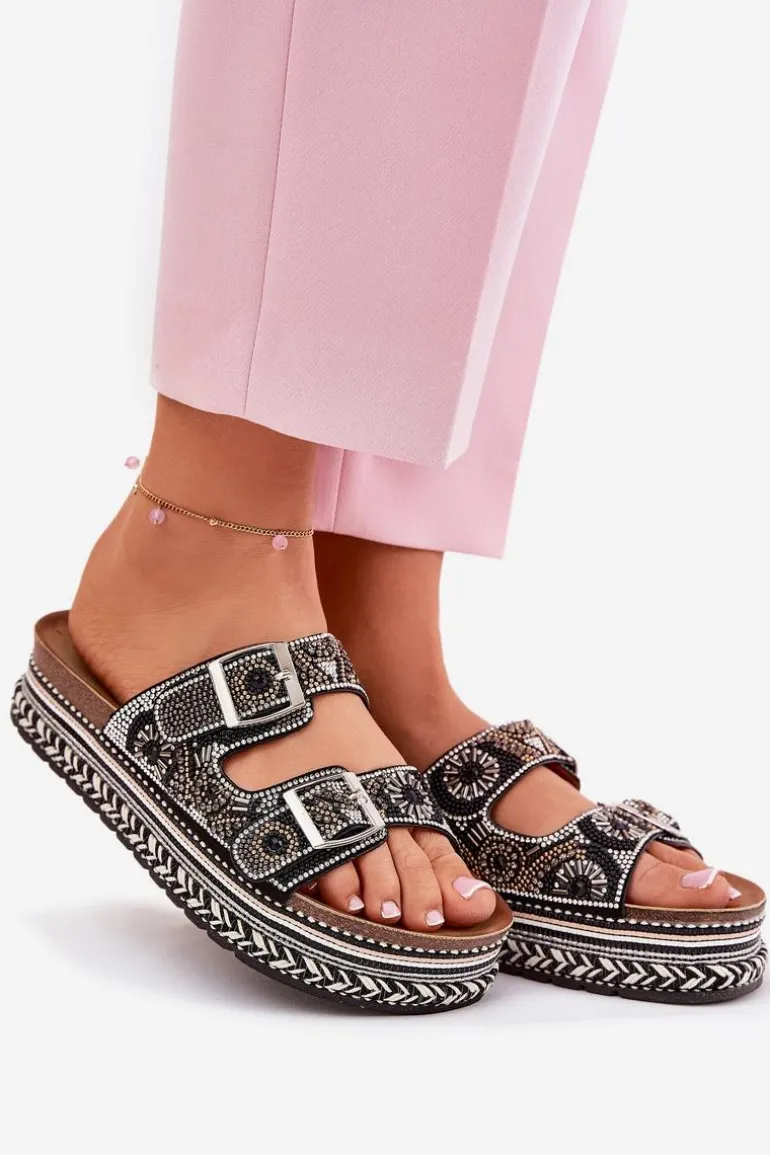 Klapki Ze Zdobieniem I Klamrami Na Platformie Czarne Mellene