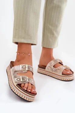 Klapki Ze Zdobieniem I Klamrami Na Platformie Złote Mellene