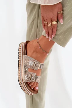 Klapki Ze Zdobieniem I Klamrami Na Platformie Złote Mellene