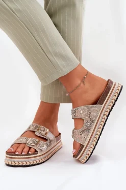 Klapki Ze Zdobieniem I Klamrami Na Platformie Złote Mellene