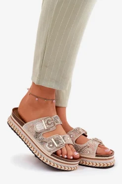 Klapki Ze Zdobieniem I Klamrami Na Platformie Złote Mellene