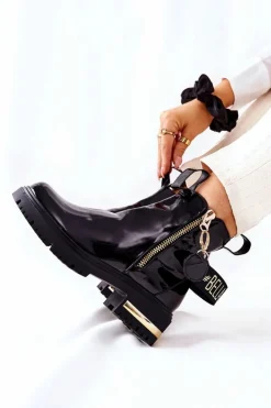 Klasyczne Botki Lakierowane Z Paskiem Czarne Lorie