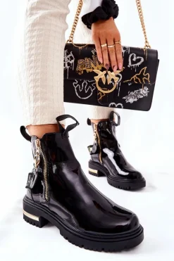 Klasyczne Botki Lakierowane Z Paskiem Czarne Lorie