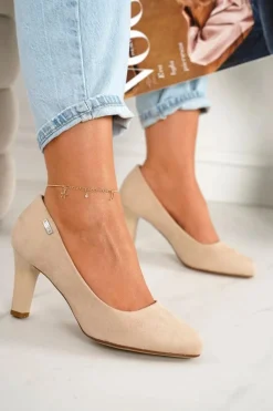 Klasyczne Czółenka Na Słupku Zamszowe Beżowe Eleanor