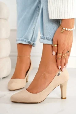 Klasyczne Czółenka Na Słupku Zamszowe Beżowe Eleanor