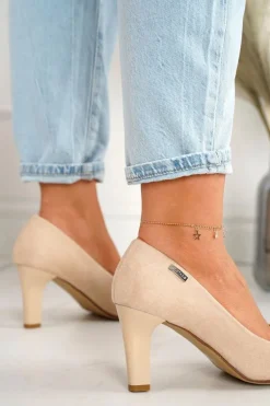 Klasyczne Czółenka Na Słupku Zamszowe Beżowe Eleanor