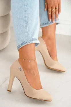 Klasyczne Czółenka Na Słupku Zamszowe Beżowe Eliana