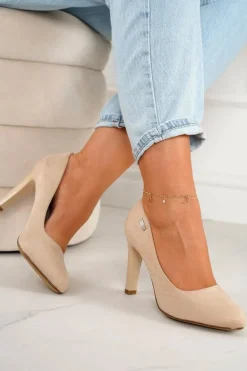 Klasyczne Czółenka Na Słupku Zamszowe Beżowe Eliana