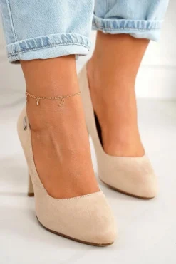 Klasyczne Czółenka Na Słupku Zamszowe Beżowe Eliana