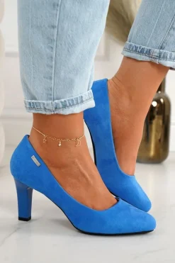 Klasyczne Czółenka Na Słupku Zamszowe Niebieskie Eleanor