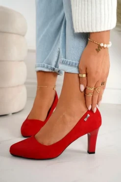 Klasyczne Czółenka Na Słupku Zamszowe Czerwone Eleanor