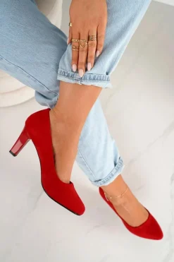 Klasyczne Czółenka Na Słupku Zamszowe Czerwone Eleanor