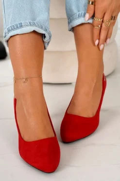 Klasyczne Czółenka Na Słupku Zamszowe Czerwone Eleanor