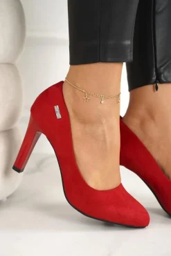 Klasyczne Czółenka Na Słupku Zamszowe Czerwone Eliana