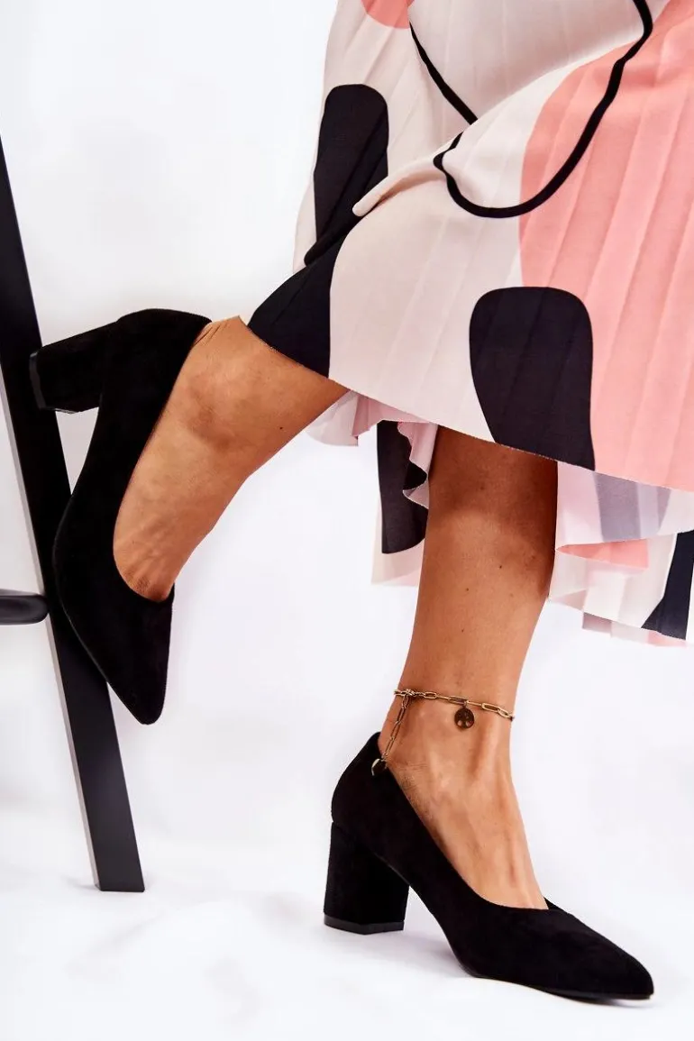 Klasyczne Czółenka Zamszowe Na Słupku Czarne Lency