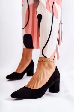 Klasyczne Czółenka Zamszowe Na Słupku Czarne Lency