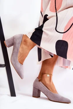 Klasyczne Czółenka Zamszowe Na Słupku Szare Lency