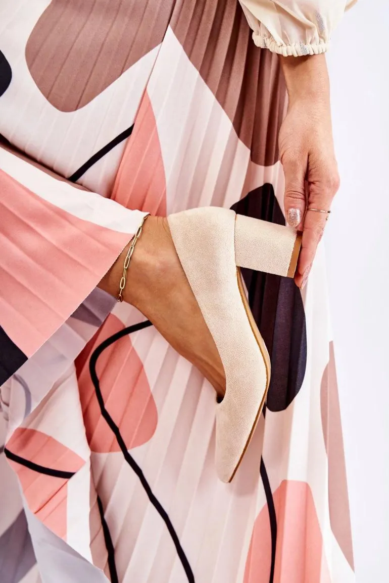 Klasyczne Czółenka Zamszowe Na Słupku Beżowe Lency