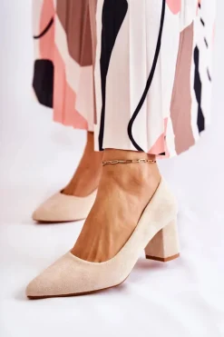 Klasyczne Czółenka Zamszowe Na Słupku Beżowe Lency