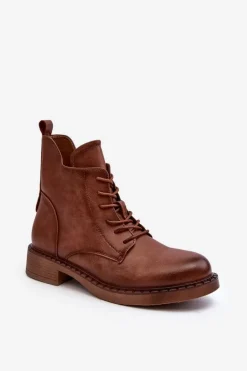 Klasyczne Damskie Botki Na Płaskim Obcasie Brązowe Ballisa