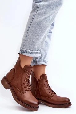 Klasyczne Damskie Botki Na Płaskim Obcasie Brązowe Ballisa