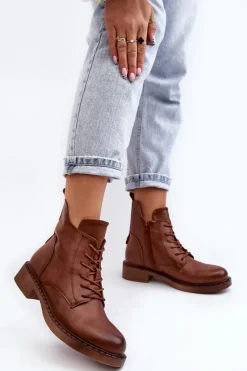 Klasyczne Damskie Botki Na Płaskim Obcasie Brązowe Ballisa