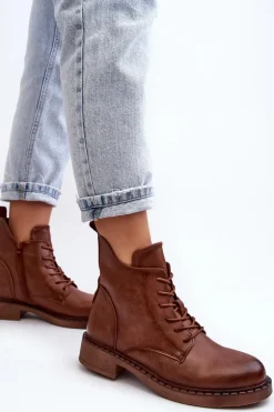 Klasyczne Damskie Botki Na Płaskim Obcasie Brązowe Ballisa