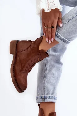 Klasyczne Damskie Botki Na Płaskim Obcasie Brązowe Ballisa