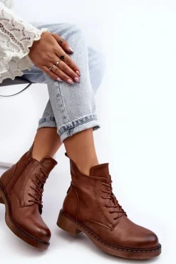 Klasyczne Damskie Botki Na Płaskim Obcasie Brązowe Ballisa