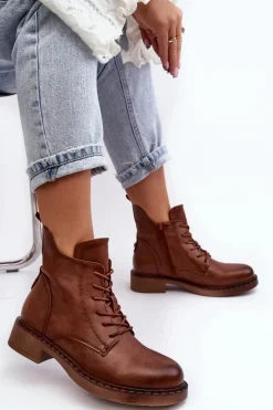 Klasyczne Damskie Botki Na Płaskim Obcasie Brązowe Ballisa
