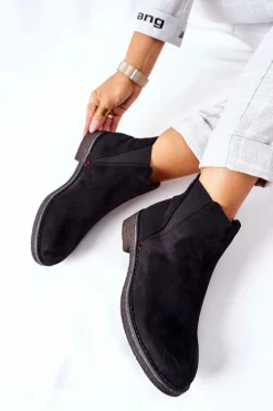 Klasyczne Damskie Botki Sztyblety Zamszowe Czarne Heather