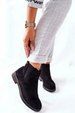 Klasyczne Damskie Botki Sztyblety Zamszowe Czarne Heather