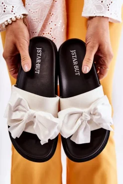 Klasyczne Damskie Klapki Skórzane Z Kokardą Białe Dessy